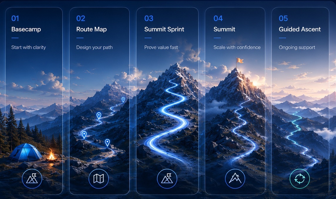 PATHWAI package cards from Basecamp to Guided Ascent on a mountain path.